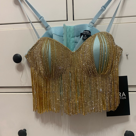 Women Rhinestone Tassel Chain Strap Bra Tank Crop Top - Picture 2 of 4